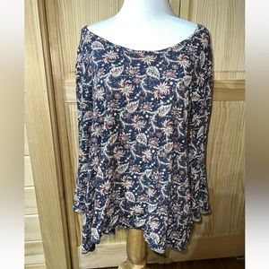 LUCKY BRAND Navy Blue Floral Print Top Size Large